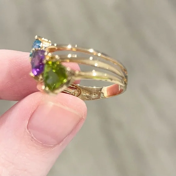 10K Rainbow amethyst Swiss blue topaz peridot trillion harem yellow gold CI ring - Picture 7 of 8